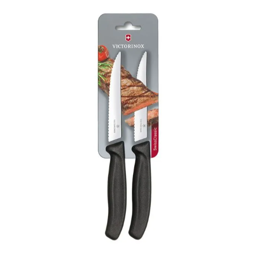 Set Cuchillos Carne Dentado color Negro. Hoja 12 cm